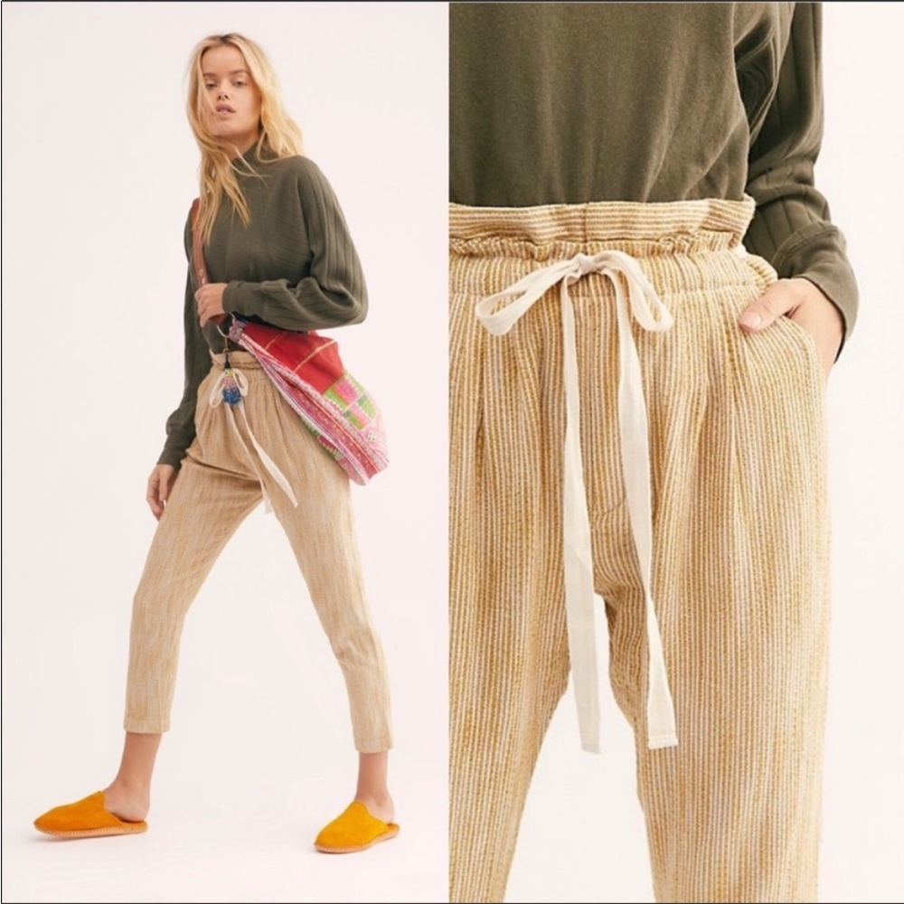 Free People Light At Sunrise Crop Pants Yellow Striped High Rise Slouchy 12